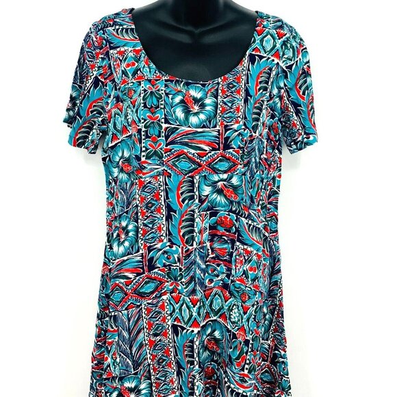 Joe Kealoha Women Dress Size Medium M Teal Blue Aloha Shift Short Sleeve Zip - Picture 2 of 6